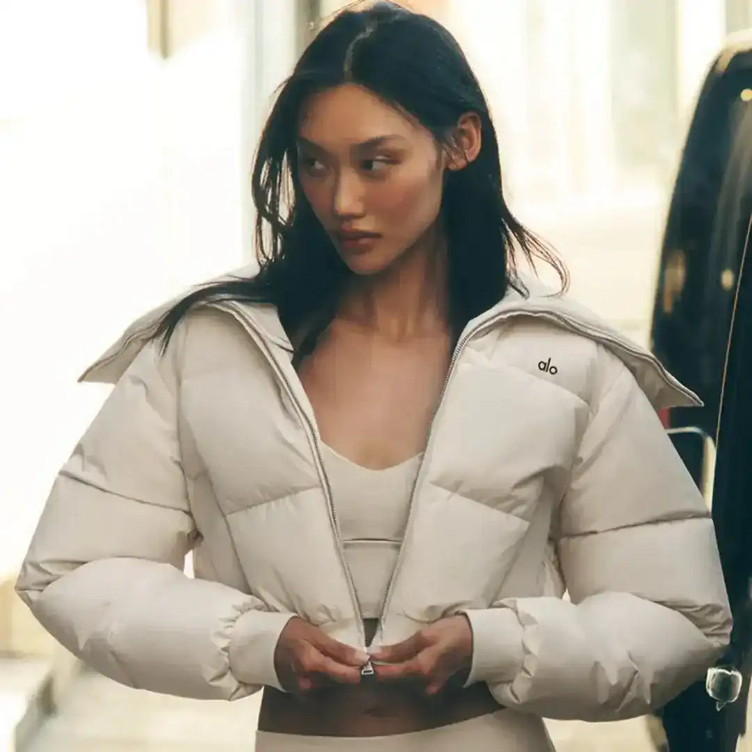 Cropped padded jacket with a wide collar, product and styling views.