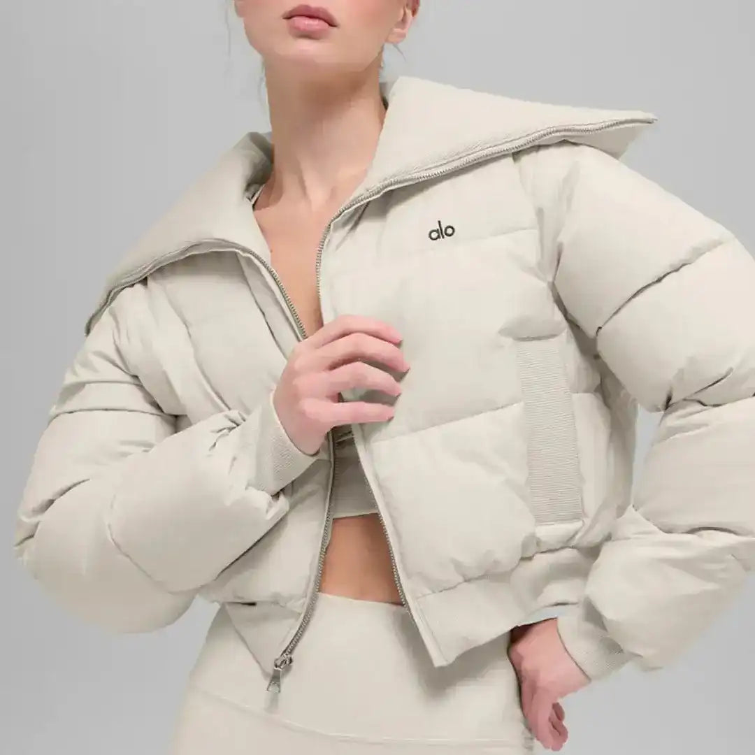 Cropped padded jacket with a wide collar, product and styling views.