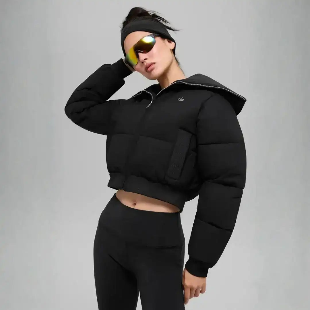 Cropped padded jacket with a wide collar, product and styling views.