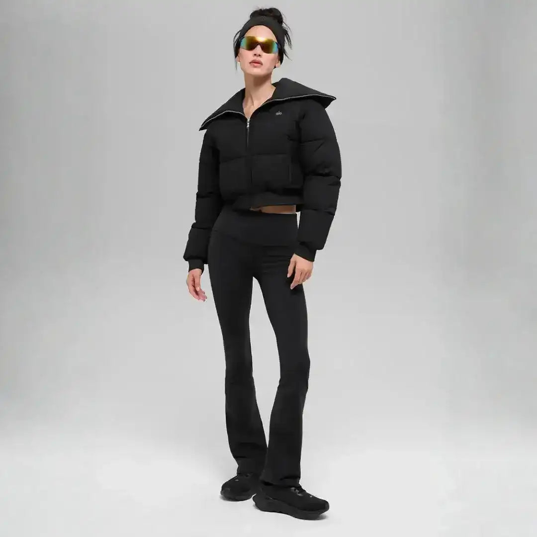 Cropped padded jacket with a wide collar, product and styling views.