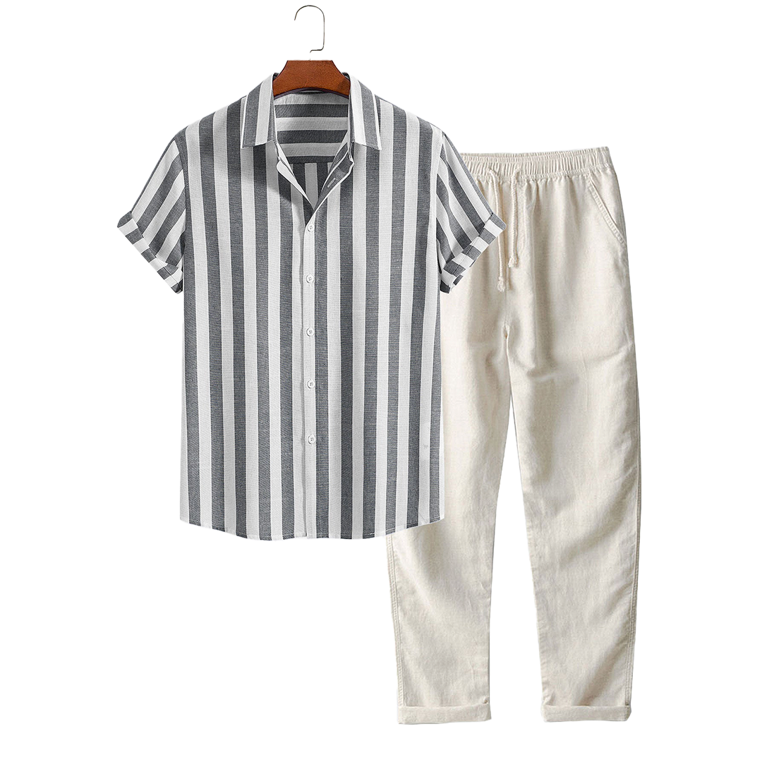 Striped short-sleeve shirt with light-colored straight-leg pants.
