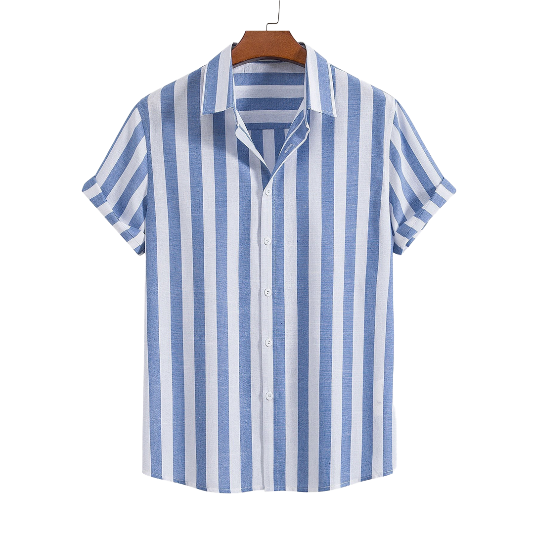 Striped short-sleeve button-up shirt, hanging product view.