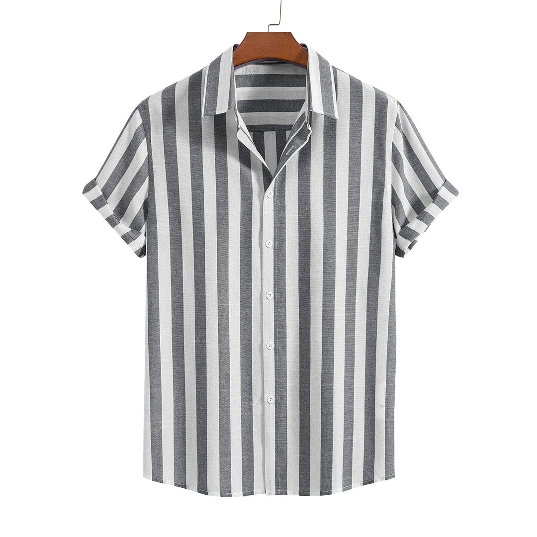 Striped short-sleeve button-up shirt, hanging product view.