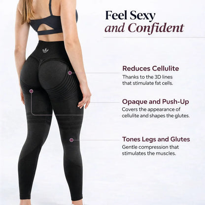 Annotated product graphic showing black leggings and textured fabric details.