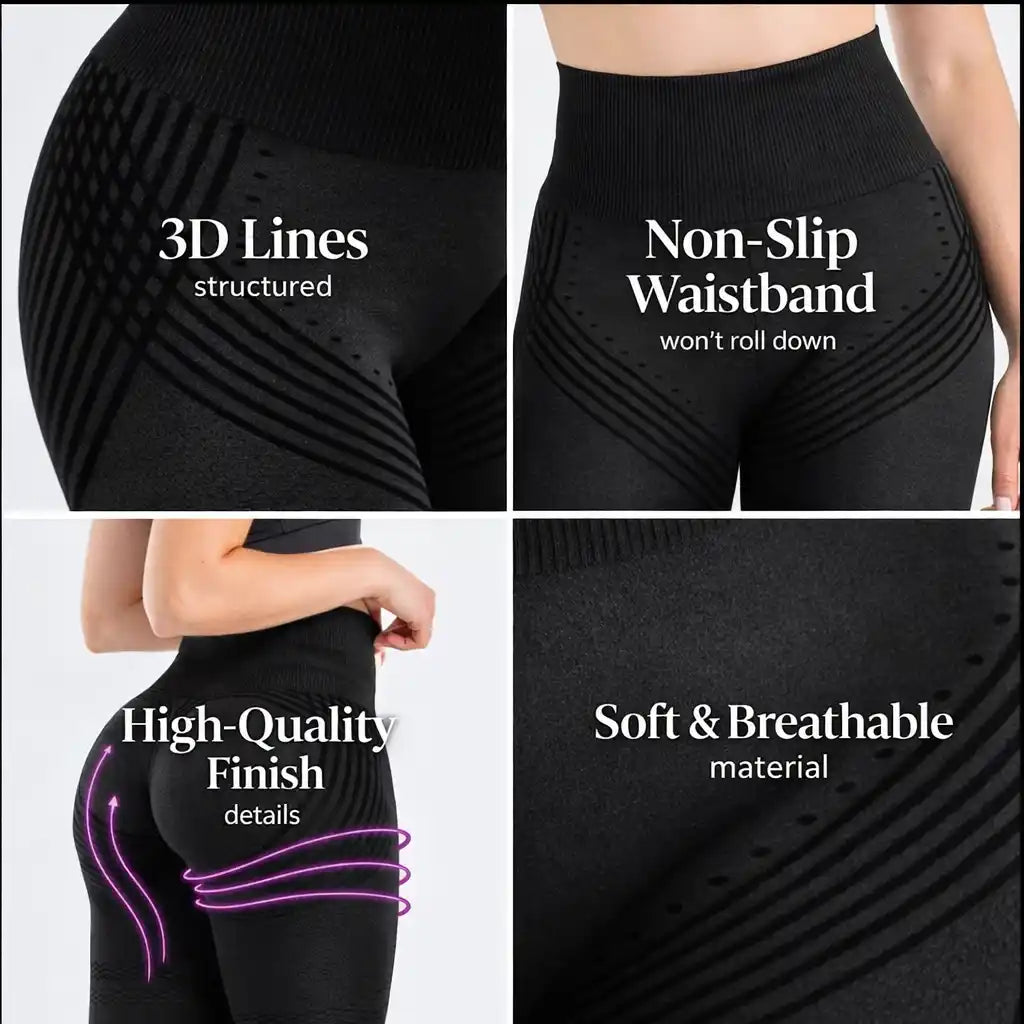 Annotated product graphic showing black leggings and textured fabric details.