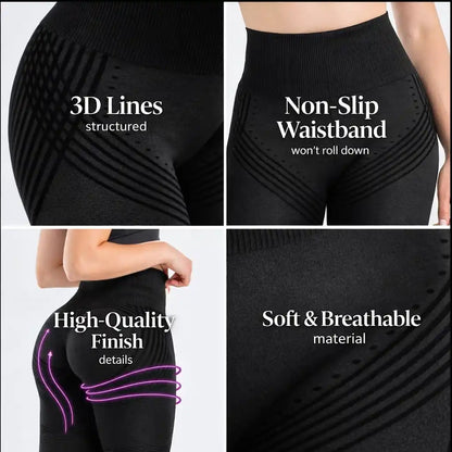Annotated product graphic showing black leggings and textured fabric details.
