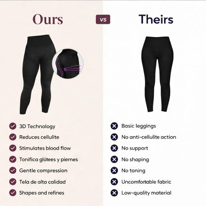 Promotional comparison graphic showing two pairs of black leggings.