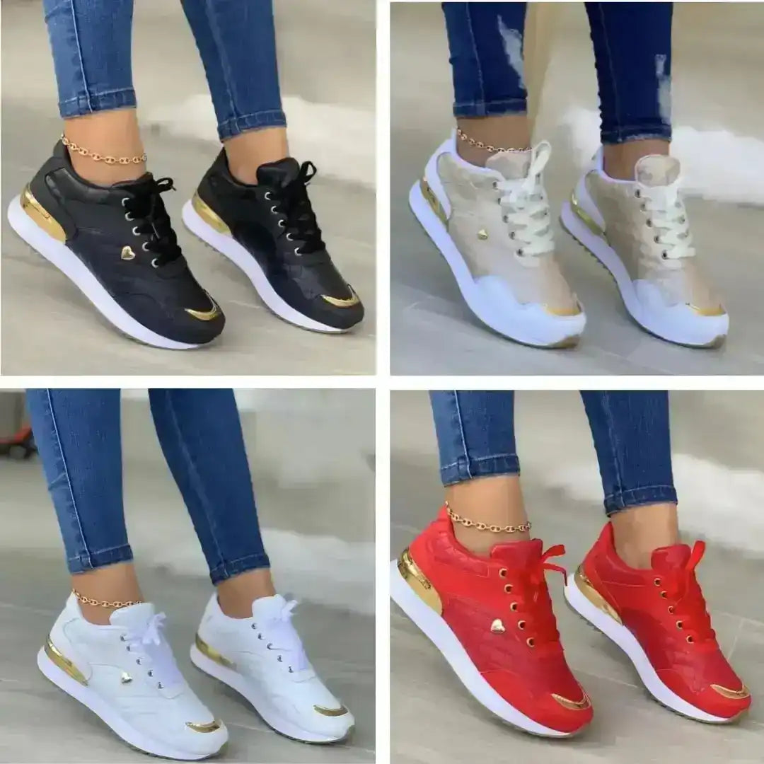 Discreet Gold and White Fashion Sneakers. Metallic-tone accent details.
