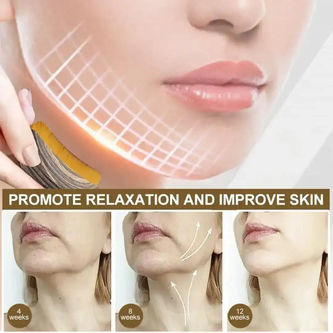 Promotional graphic showing a curved facial massage tool used on the face.