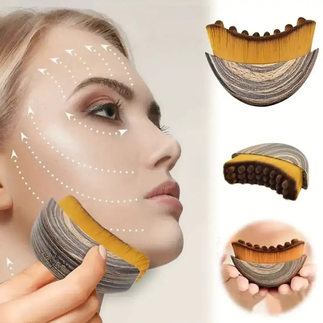 Curved textured facial massage tool, use and product illustrations.