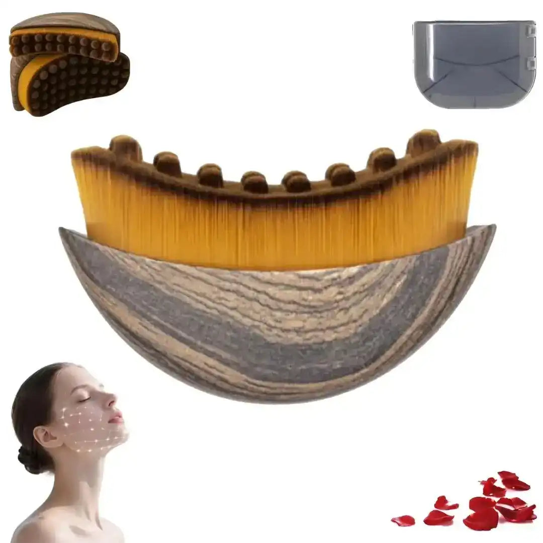 Curved textured facial massage tool, use and product illustrations.