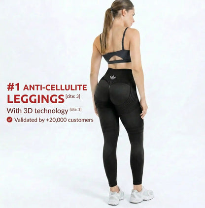 Promotional product graphic showing black leggings from the back.