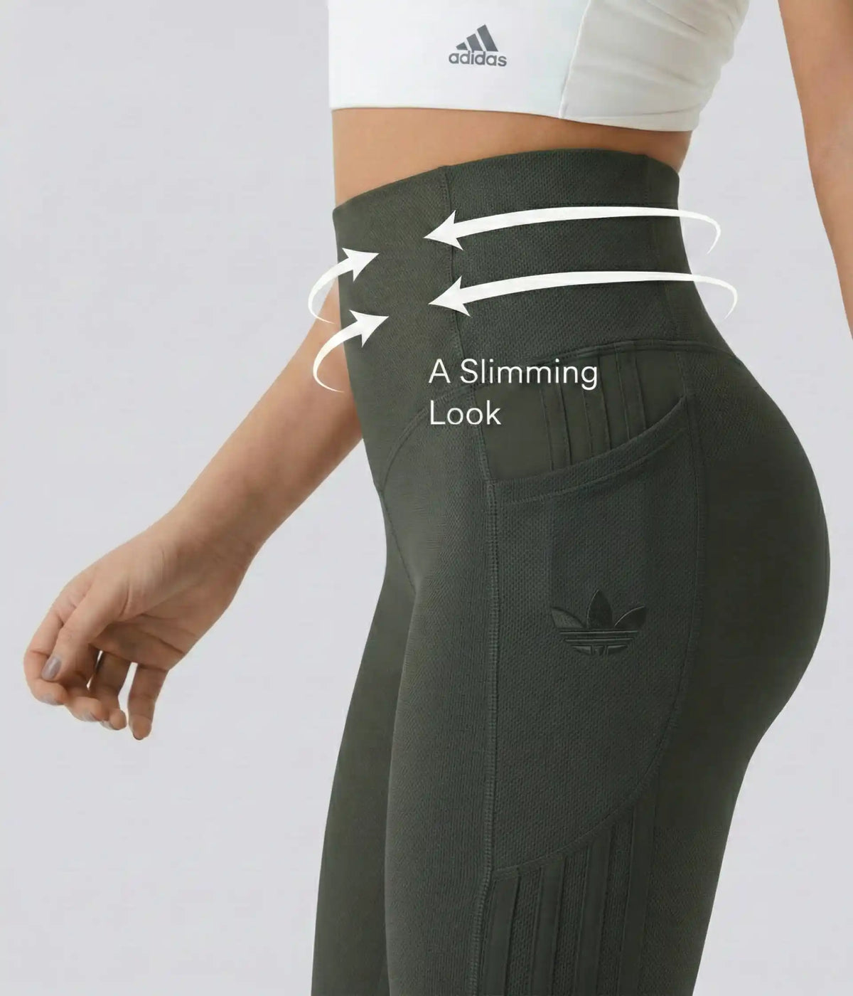High-waisted leggings in several colors, annotated waist and seam detail.