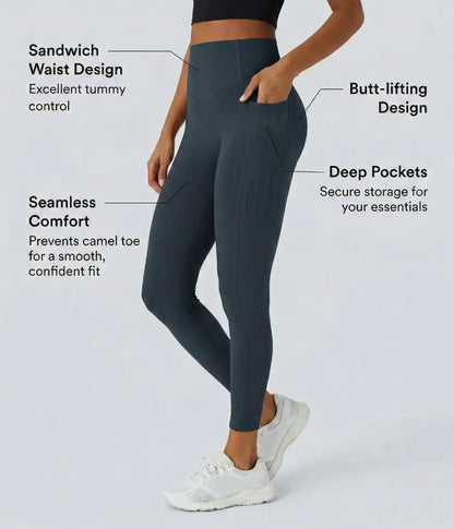 Dark high-waisted leggings, product and annotated fit-detail views.