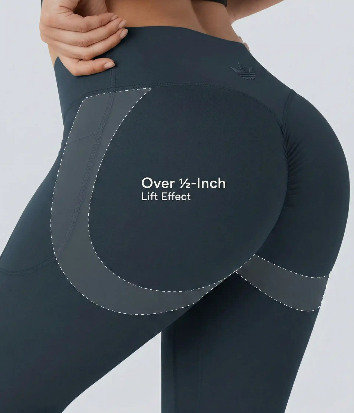 Dark high-waisted leggings, product and annotated fit-detail views.