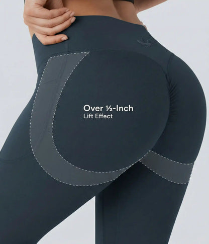 Dark high-waisted leggings, product and annotated fit-detail views.