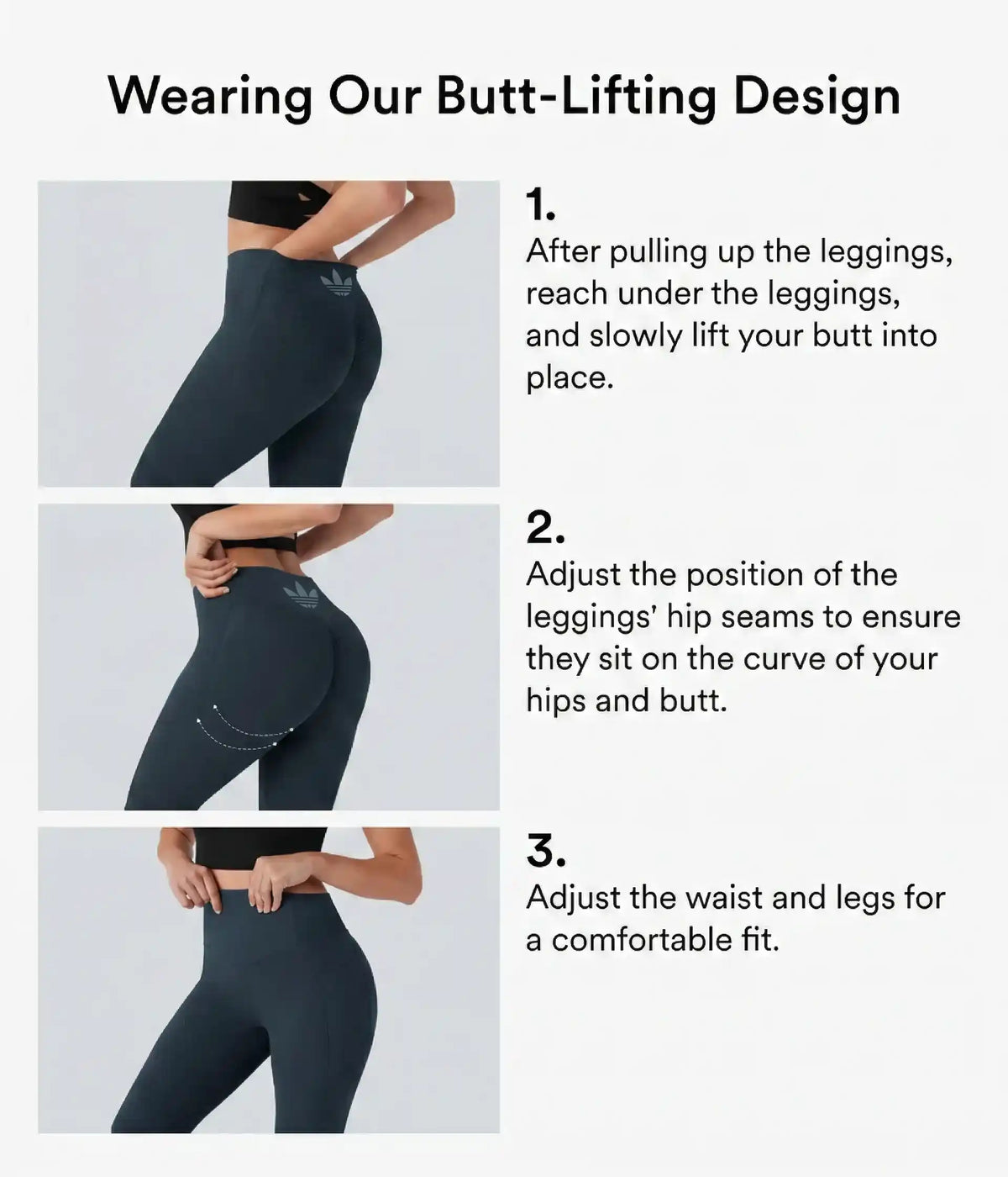Instruction graphic showing how to put on high-waisted leggings.