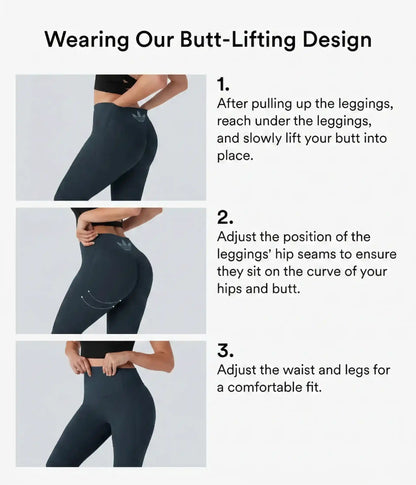 Instruction graphic showing how to put on high-waisted leggings.