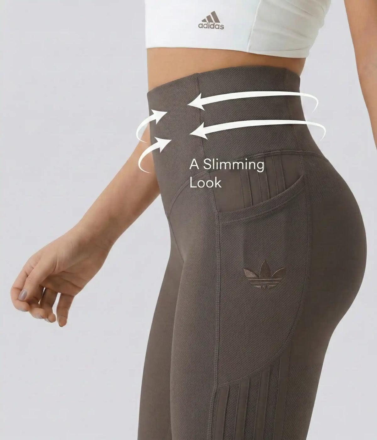 High-waisted leggings in several colors, annotated waist and seam detail.