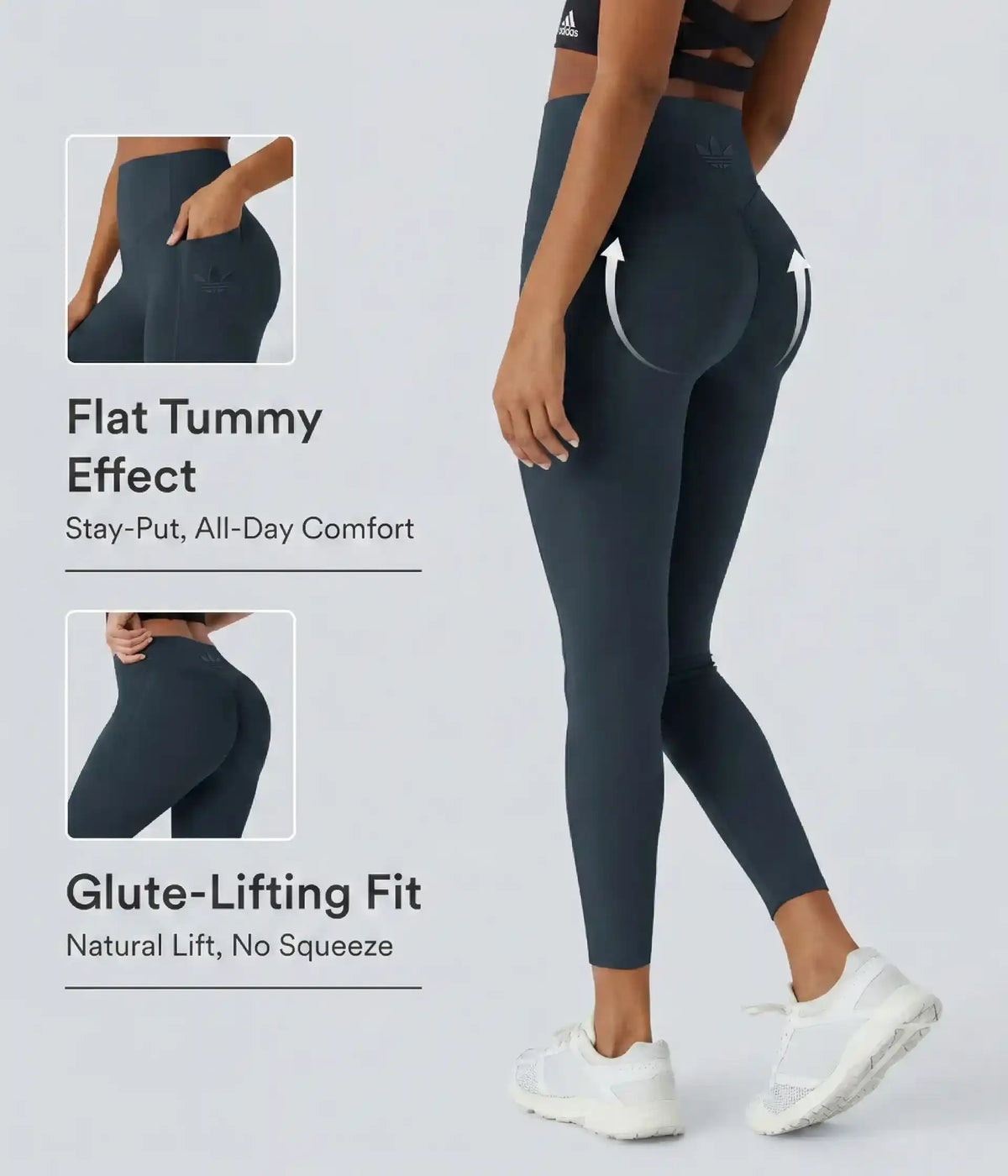 Dark high-waisted leggings, product and annotated fit-detail views.