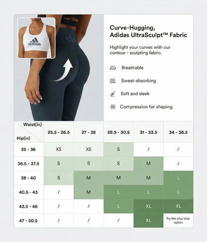 Promotional legging graphic with a model and a printed size table.