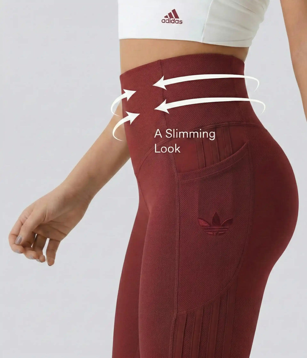 High-waisted leggings in several colors, annotated waist and seam detail.