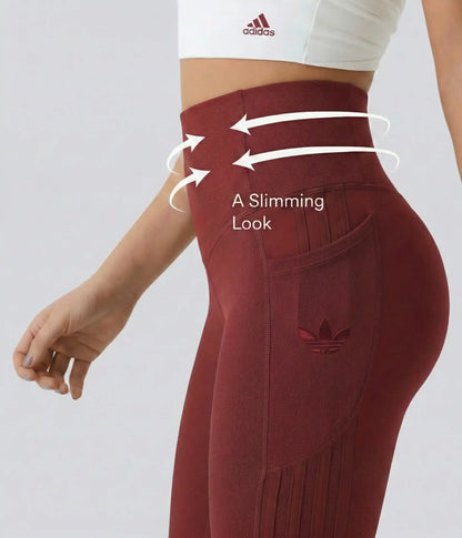 High-waisted leggings in several colors, annotated waist and seam detail.