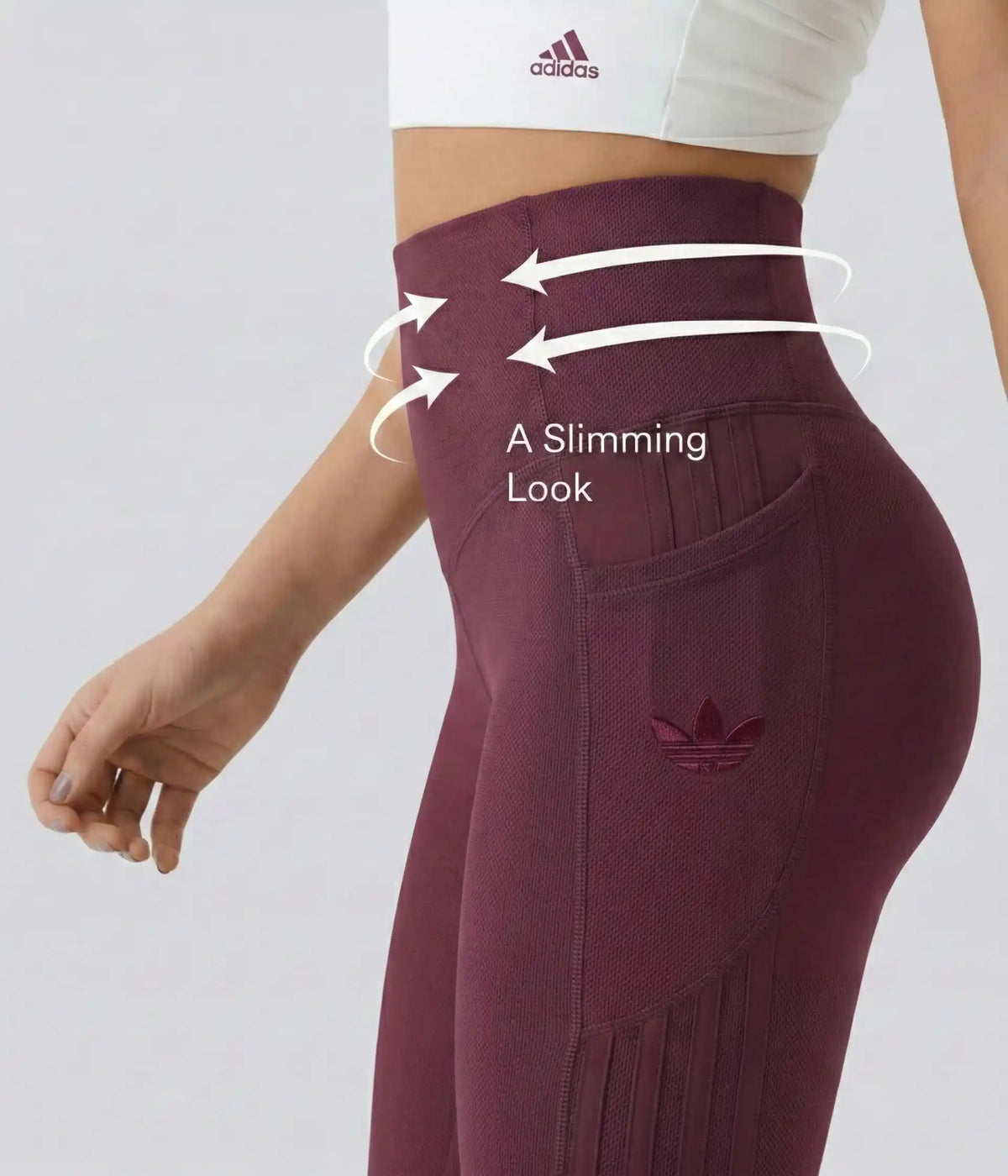 High-waisted leggings in several colors, annotated waist and seam detail.