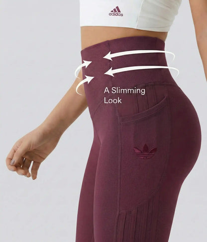 High-waisted leggings in several colors, annotated waist and seam detail.