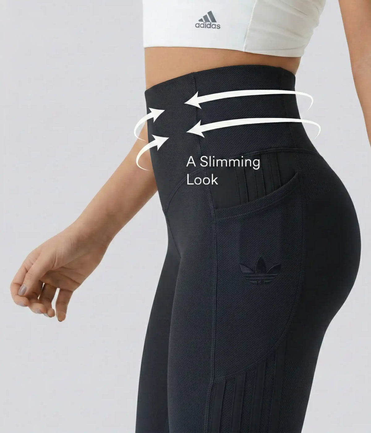 High-waisted leggings in several colors, annotated waist and seam detail.