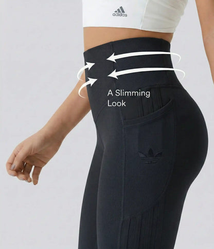 High-waisted leggings in several colors, annotated waist and seam detail.