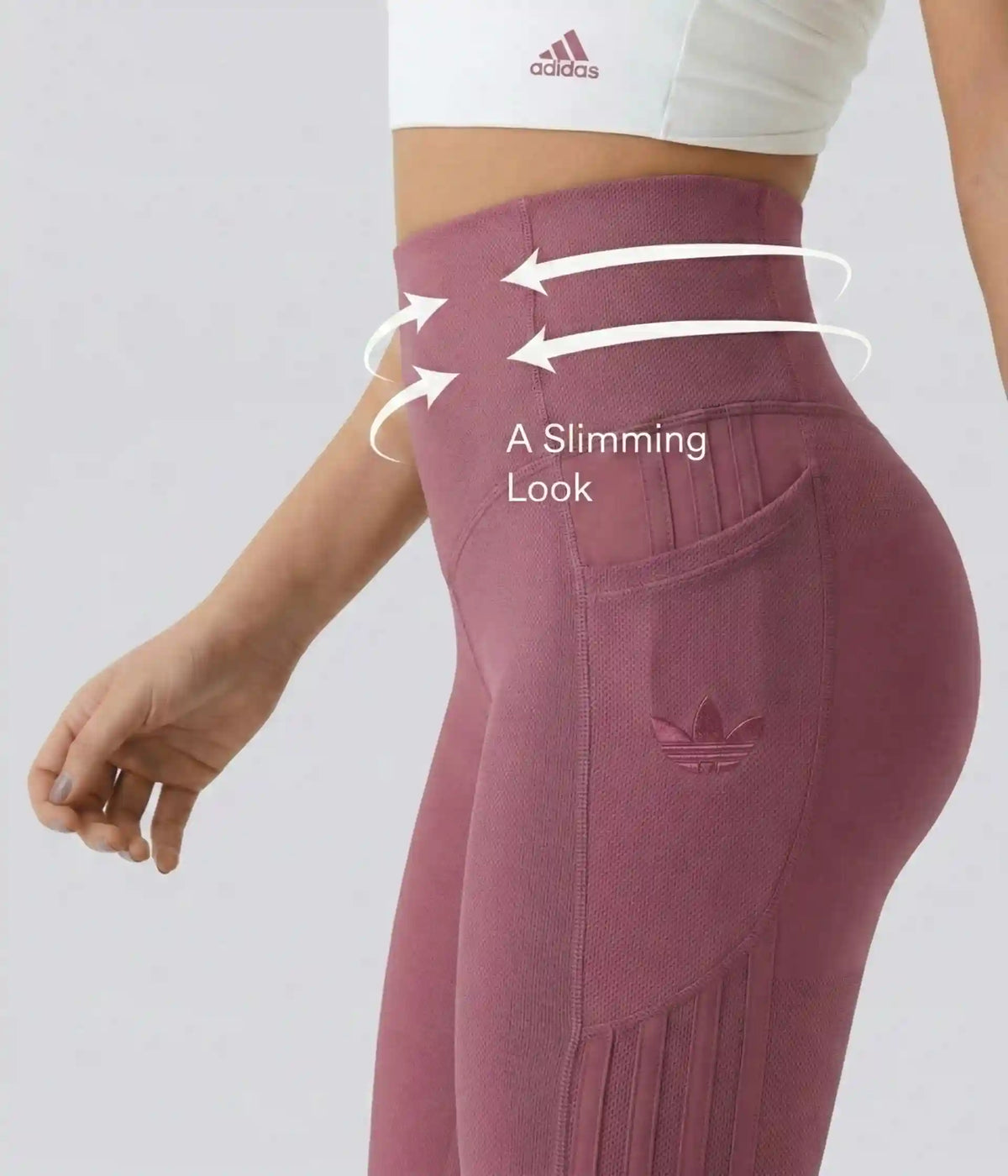 High-waisted leggings in several colors, annotated waist and seam detail.