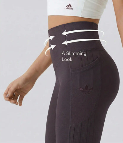 High-waisted leggings in several colors, annotated waist and seam detail.