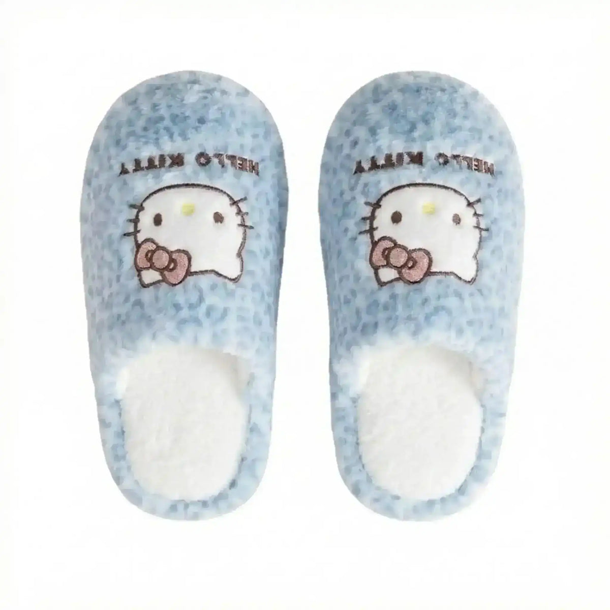 Fuzzy slip-on slippers decorated with a cat-face character.