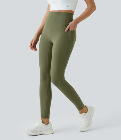 High-waisted leggings with curved seams, product and model views.