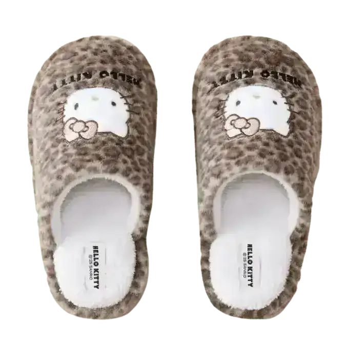 Fuzzy slip-on slippers decorated with a cat-face character.