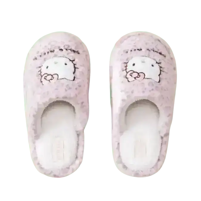 Fuzzy slip-on slippers decorated with a cat-face character.