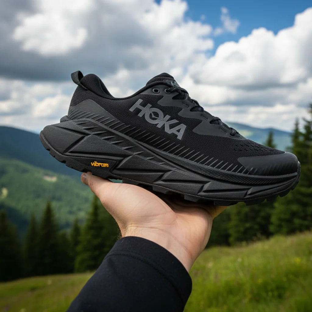 Side profile of Hoka Skyline-Float X in Triple Black, featuring a sleek monochrome hybrid design