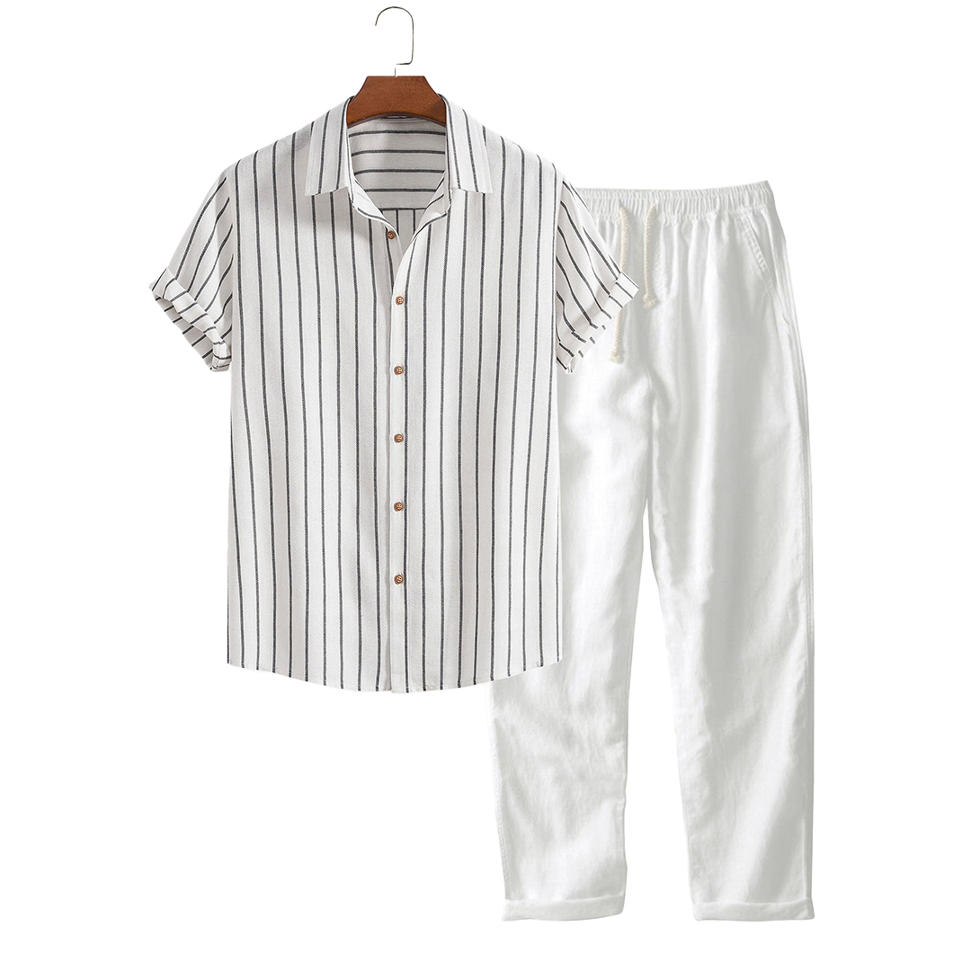 Striped short-sleeve button-up shirt and drawstring pants, hanging product view.