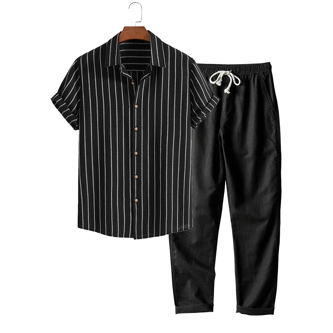 Striped short-sleeve button-up shirt and drawstring pants, hanging product view.