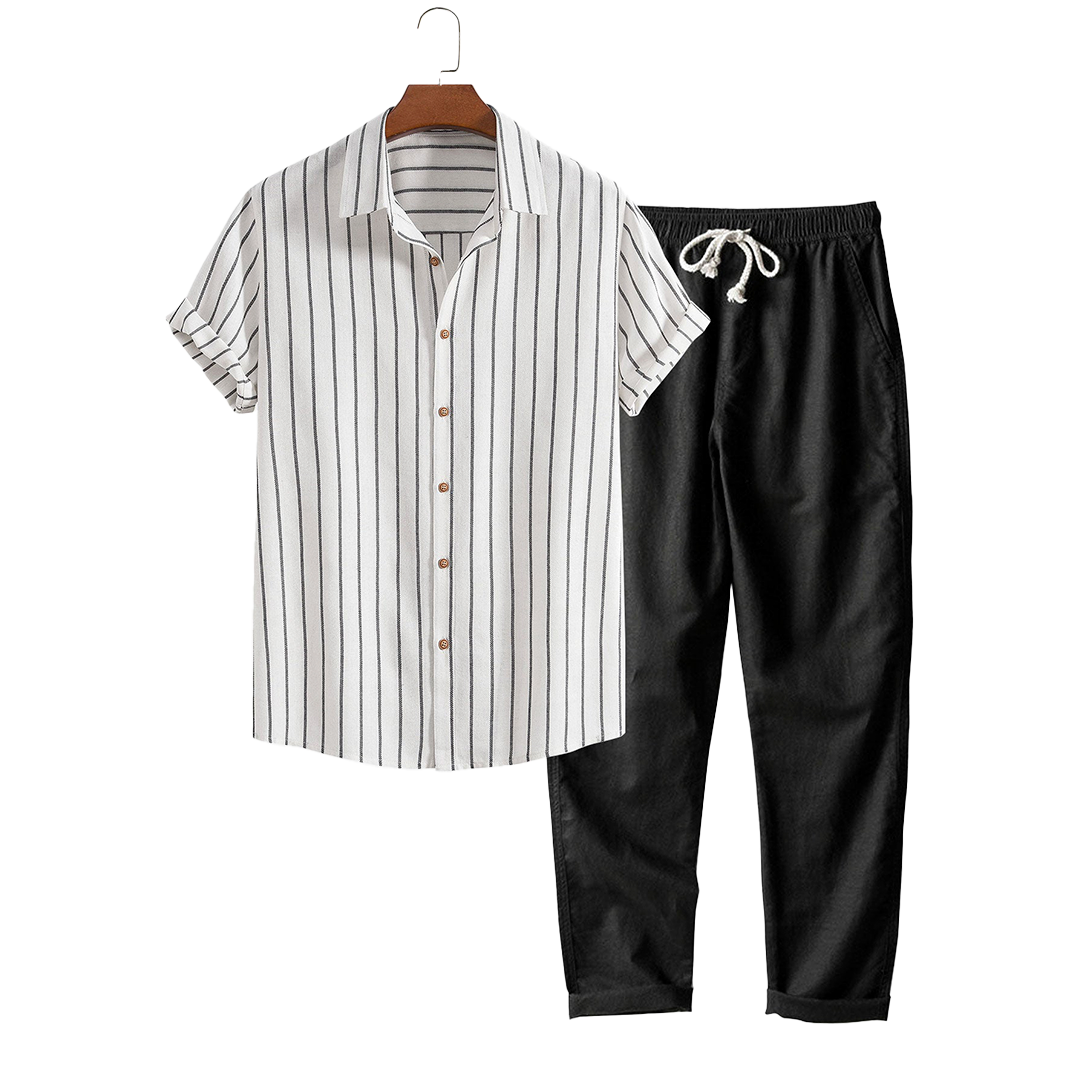 Striped short-sleeve button-up shirt and drawstring pants, hanging product view.