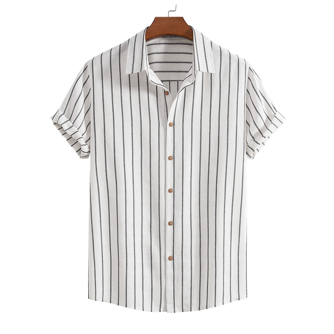 Striped short-sleeve button-up shirt, hanging product view.