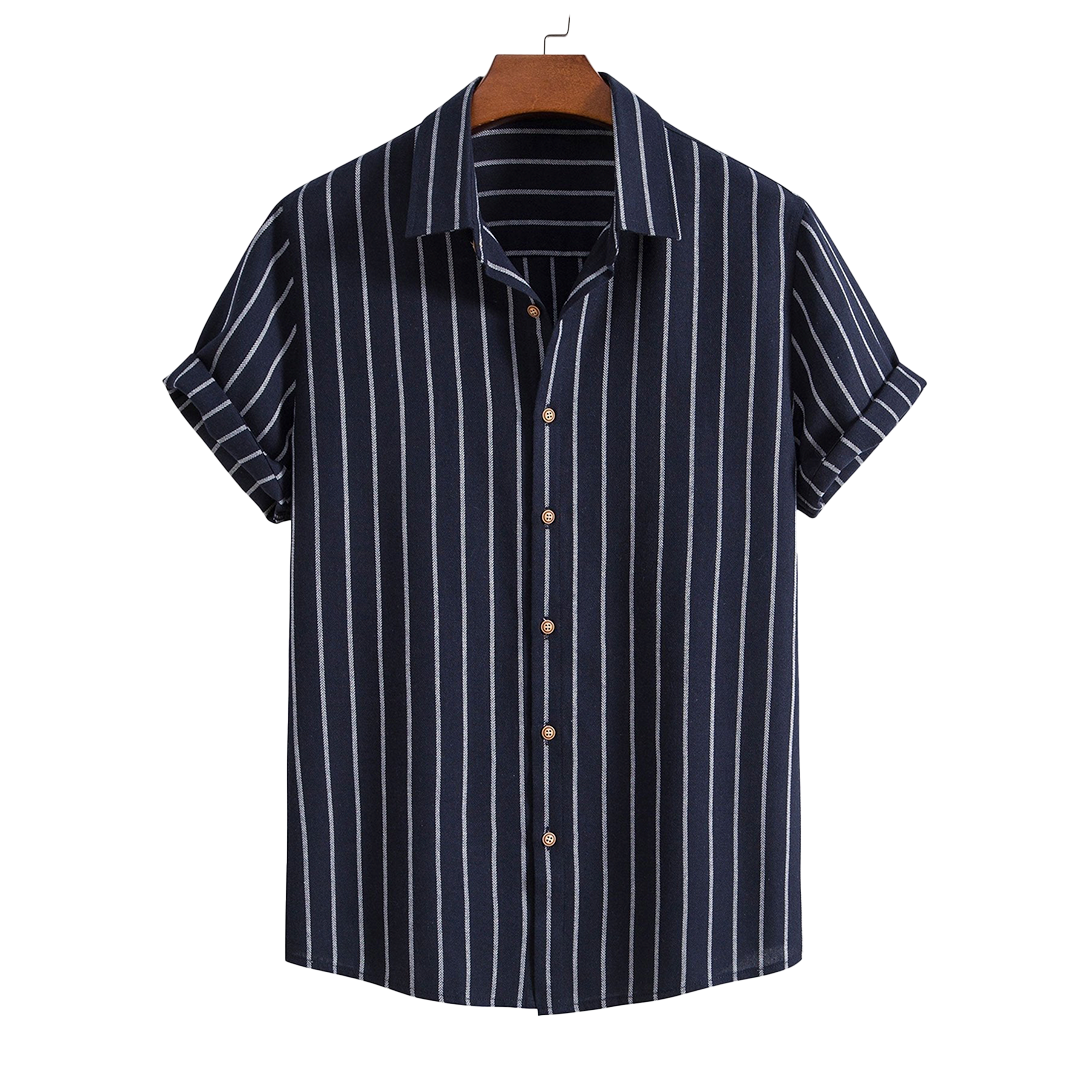 Striped short-sleeve button-up shirt, hanging product view.