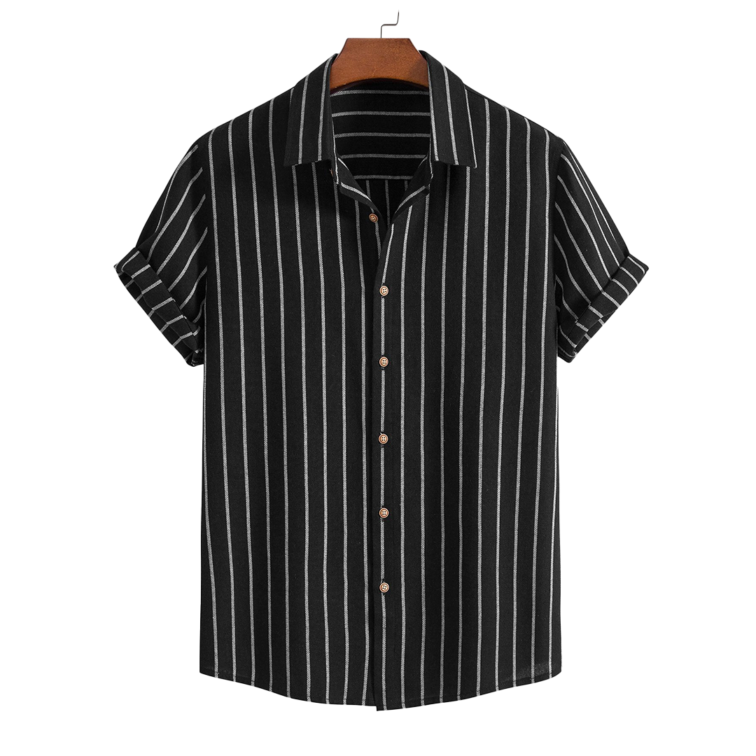 Striped short-sleeve button-up shirt, hanging product view.