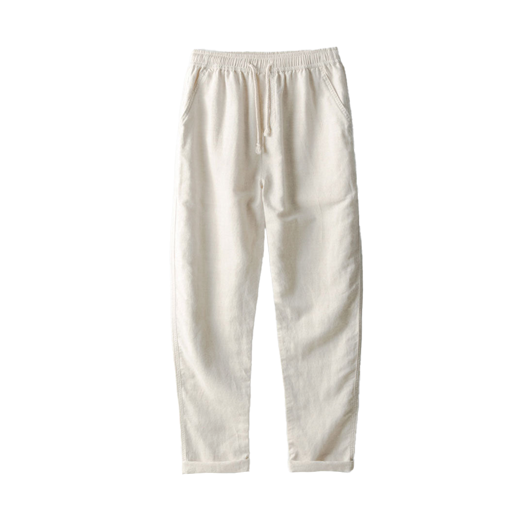 Straight-leg drawstring pants in black and light colors.