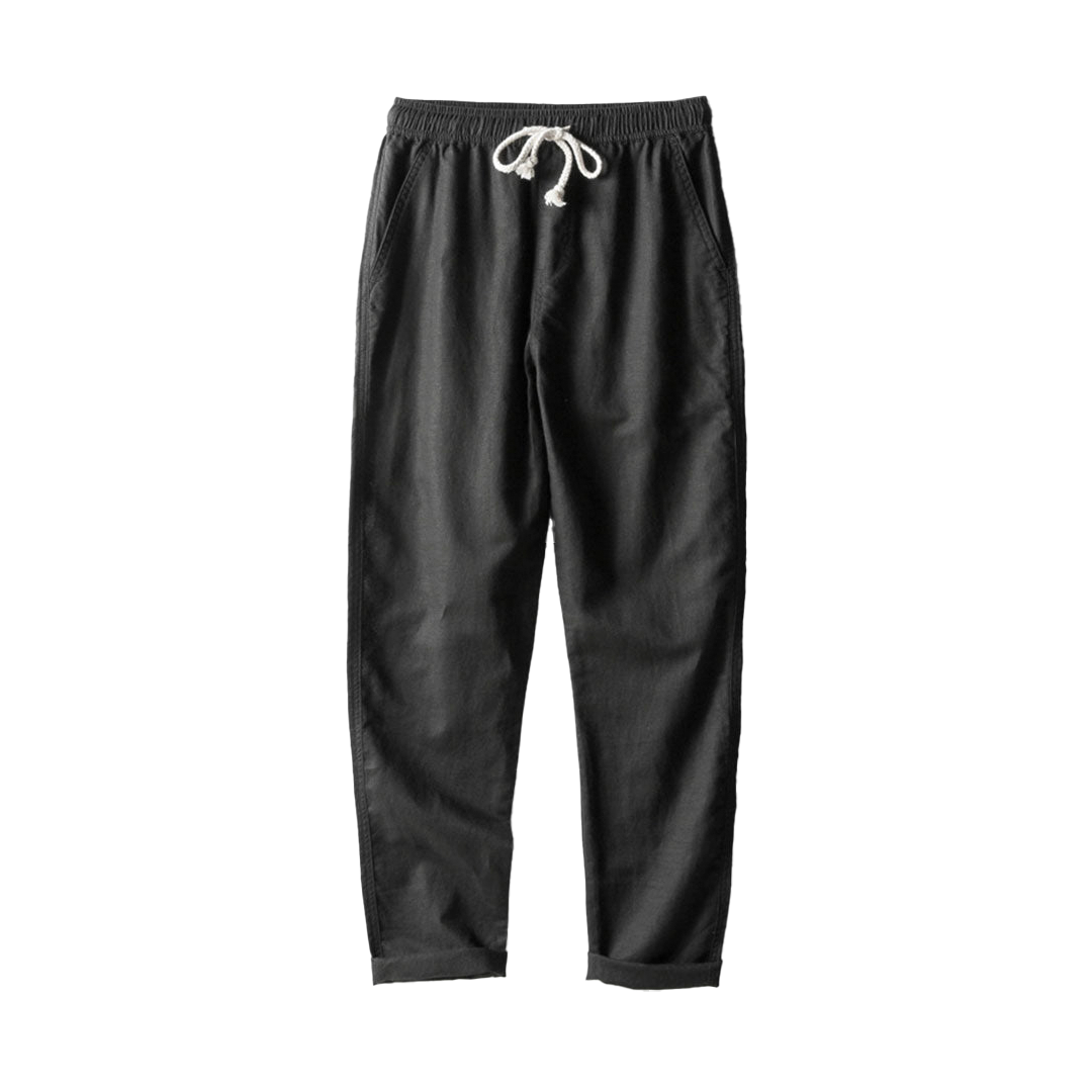 Straight-leg drawstring pants in black and light colors.