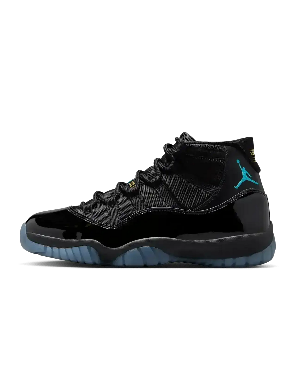 Side profile of Air Jordan 11 Retro Gamma Blue 2025, featuring black patent leather and teal accents