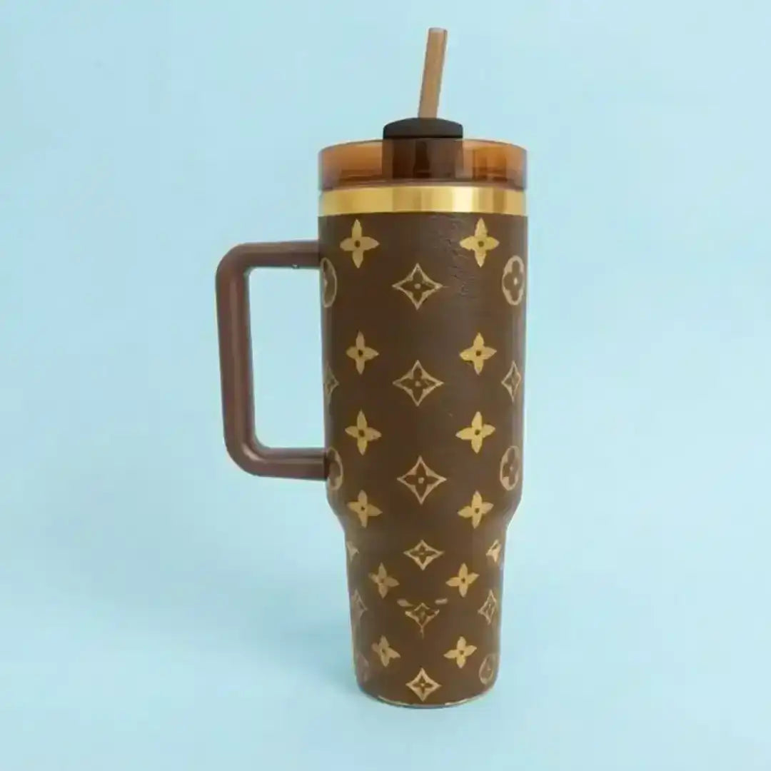 Luxury patterned tumbler with handle and reusable straw
