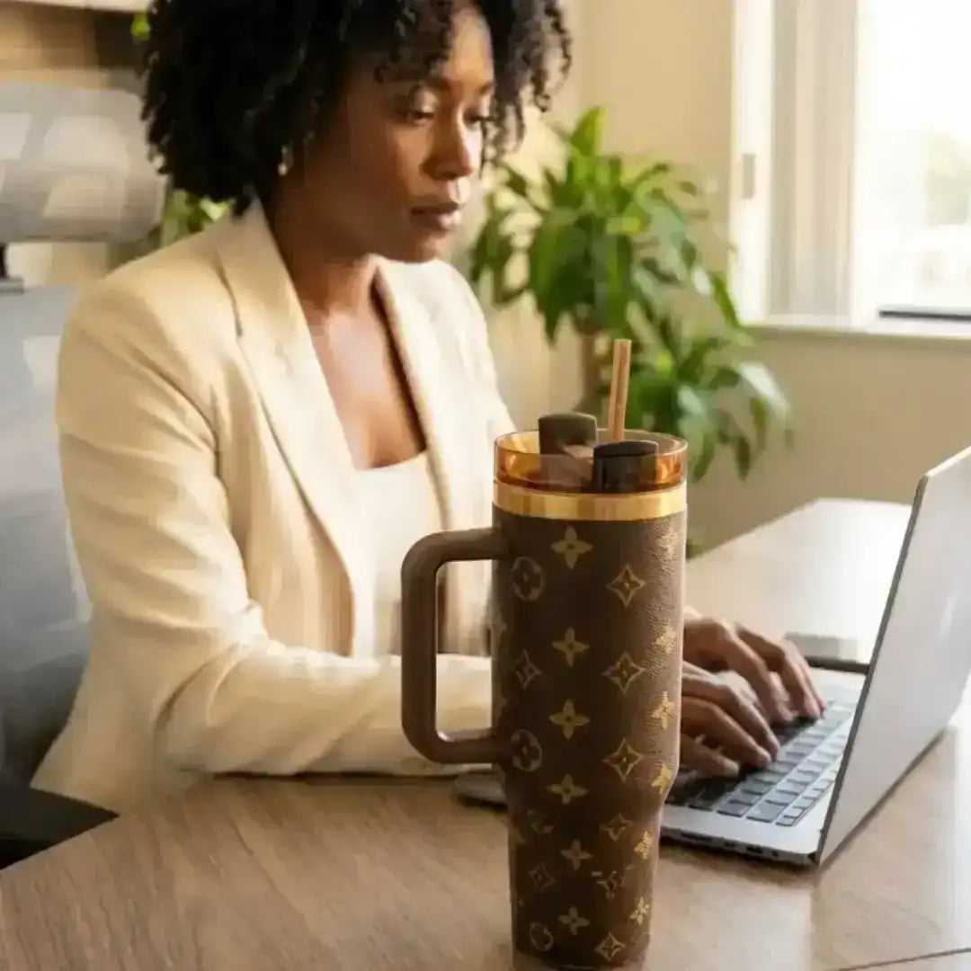 Tall travel tumbler with decorative pattern and secure lid
