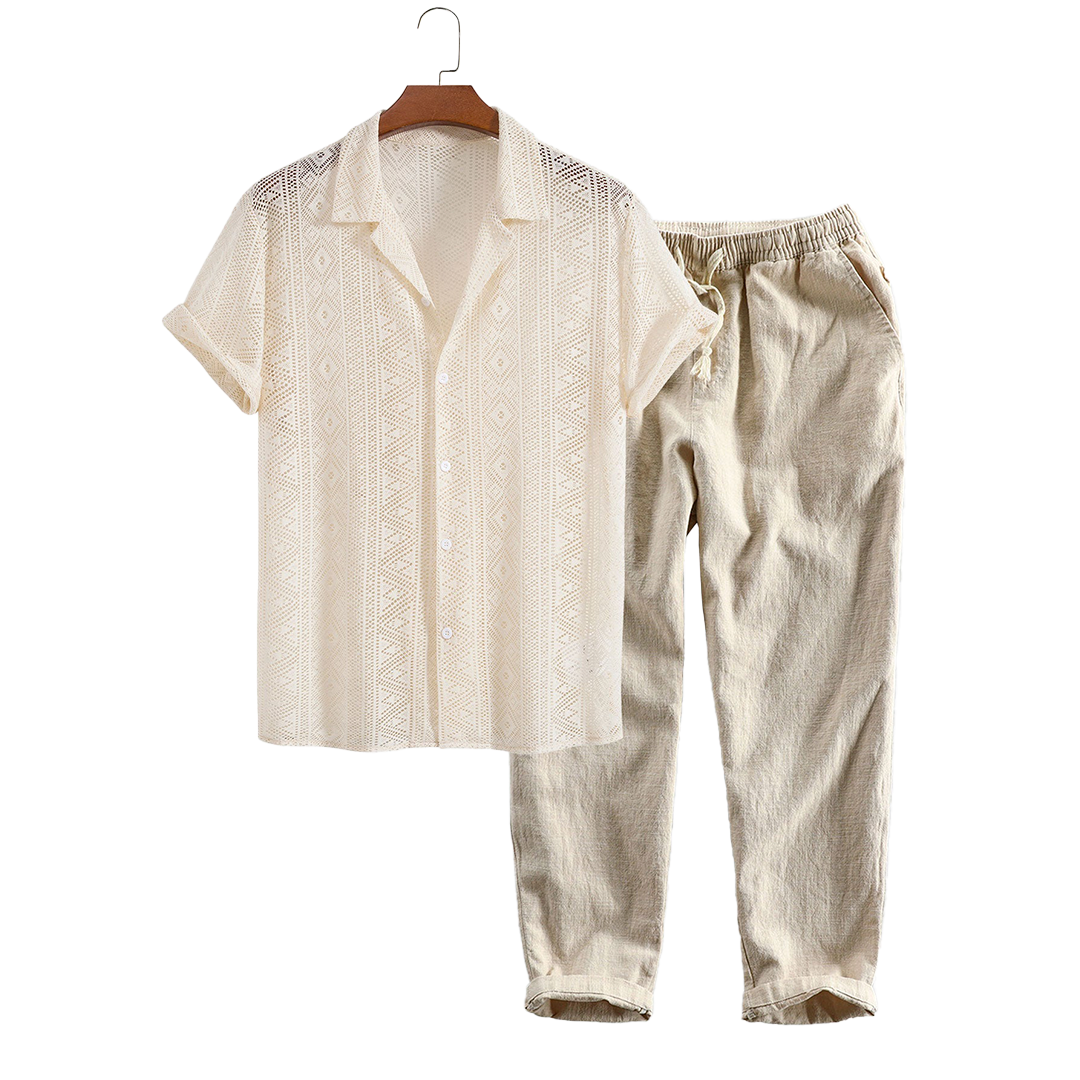 Openwork short-sleeve shirt and drawstring pants, hanging product view.